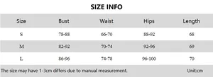 Detailed size chart for lace bodycon dress showing bust, waist, and hip measurements in cm