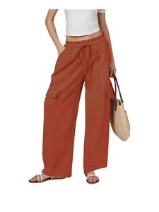 Women's orange cotton linen wide-leg cargo pants with drawstring and large pockets
