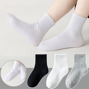 Childrens Socks Knitted Cotton Blended Breathable Sweat Absorbent School Sports Daily Solid Color Ribbed Boys Girls