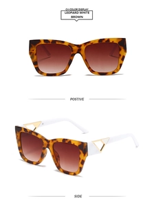 Detail view of leopard print and white frame sunglasses with golden hollow triangle hinges