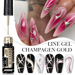 Champagne gold metallic line gel for nail art with brush and salon effect display