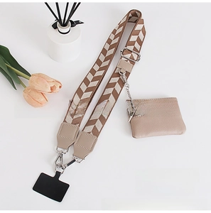 Adjustable khaki herringbone cross-body phone strap with mini zipper pouch and metal clips