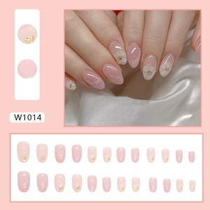 Pink oval press-on nails with white flower patterns and gold accents, 24-piece set