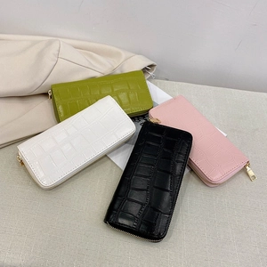 Women's long crocodile pattern PU leather wallets in green, white, black and pink colors