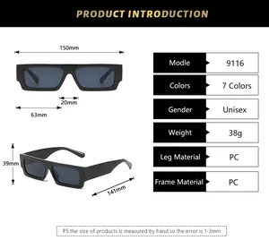 Detailed size specifications for small square sunglasses with 150mm width and 141mm temple