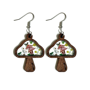 Handcrafted wooden mushroom earrings with butterfly and floral micro landscape inlays