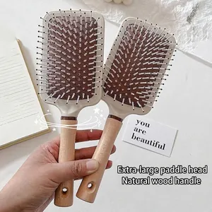 Large wooden massage paddle hairbrush with beechwood handle and air cushion