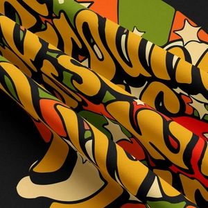 Detailed close-up of woven fabric texture with vibrant bohemian graffiti art style patterns