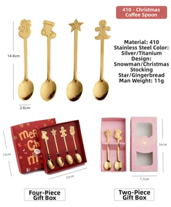 Detail view of gold Christmas coffee spoons set with measurements and gift packaging