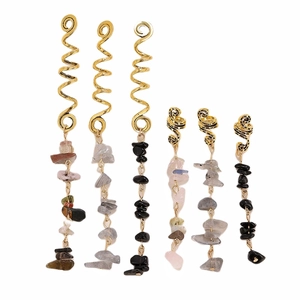 6pcs Gold spiral hair rings with natural stone charms for braids and dreadlock styling