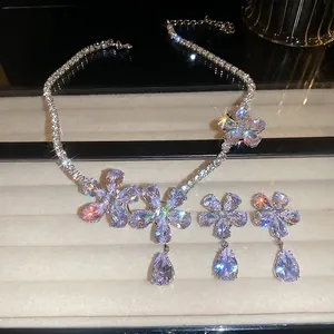 Luxury Flower Zircon Necklace Earring Set With 925 Sterling Silver Earring Post Copper Elegant Quality Jewelry Women