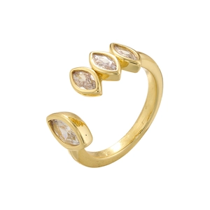 Detailed close-up of gold open ring featuring four marquise-cut marquise-cut zircon stones