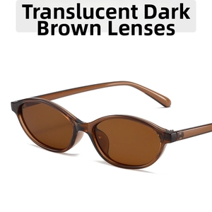 Detail view of oval retro sunglasses featuring transparent tea brown frames and lenses