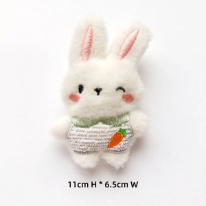 Plush white bunny brooch with carrot embroidery, size details 11cm height and 6.5cm width