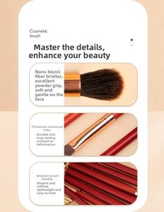 Detail of soft bionic fiber bristles with rose gold aluminum tube and red wood handle
