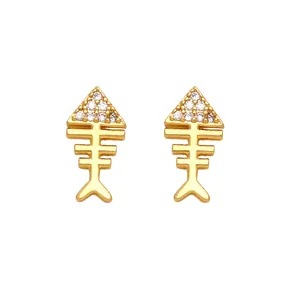 Golden fishbone stud earrings with sparkling zircon inlay shown on a white background