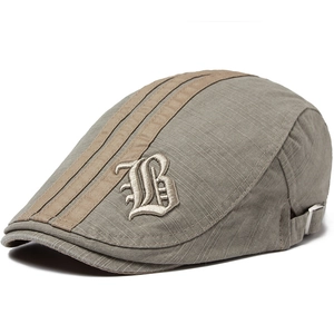 Retro grey cotton ivy cap with gothic B embroidery and triple stripe design on side