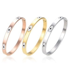 Stainless Steel Evil Eye Bangle Bracelet With Rhinestone Crystal Hinge Opening Fashion Jewelry For Women