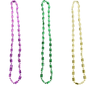 Brazilian Carnival party beaded necklaces in purple, gold, and green with long column beads