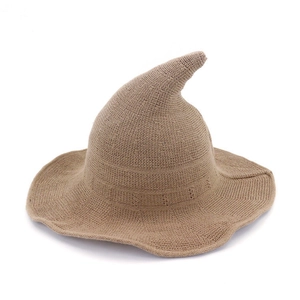Cappello da strega in maglia kaki pieghevole con punta curva e tesa ondulata