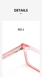 Detail shot of silver metal hinges on transparent pink anti-blue light glasses frames