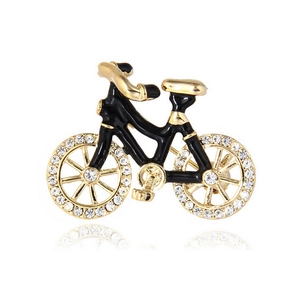 Creative bicycle brooch in gold alloy with black enamel and sparkling rhinestones