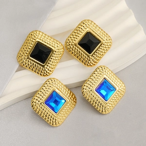Square Stud Earrings 18K Gold Plated Stainless Steel With Blue Black Rhinestone Geometric Vintage Style For Women