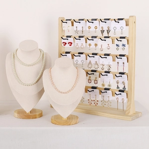 Solid wood jewelry display set with tiered earring stand and microfiber necklace busts