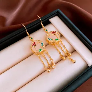 Boucles d'oreilles carpe à franges style chinois avec émail coloré et finition dorée