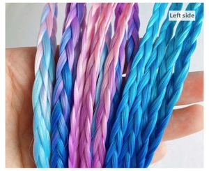 Close-up of colorful gradient braided extensions for kids featuring blue and pink hues