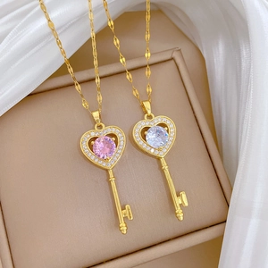 Heart Key Pendant Necklace Elegant Luxury Stainless Steel Chain Copper Zircon Inlaid Romantic Jewelry For Women