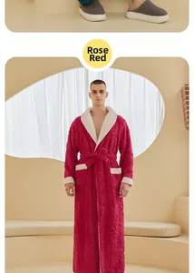 Detail of rose red men's double-layered thick flannel bathrobe with floral embossing