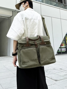 Large capacity army green canvas messenger bag with leather straps and multiple pockets