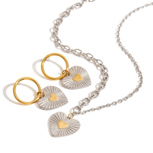 Two-tone stainless steel jewelry set featuring heart pendants with radial pleated texture