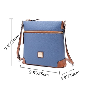 Detailed blue pebbled leather bag dimensions with 9.8 inch width and 9.4 inch height