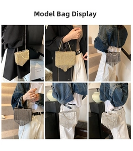 Luxurious metal fringe evening clutch showing crossbody and handheld styles in three colors
