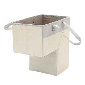 L-shaped foldable stairs organizer basket in beige and grey fabric with dual handles