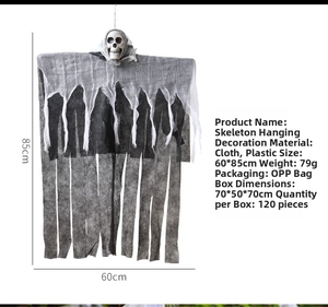 Close-up of Halloween hanging ghost with skull and black gauze fabric, 60x85cm decor