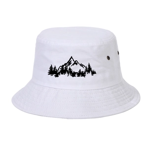 White cotton bucket hat featuring mountain forest embroidery and metal ventilation eyelets