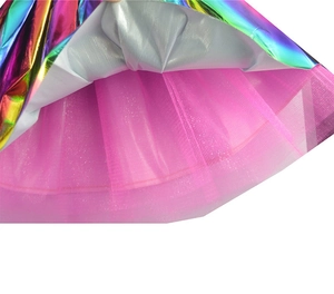 Dettaglio dell'orlo della gonna metallica arcobaleno con fodera in tulle rosa