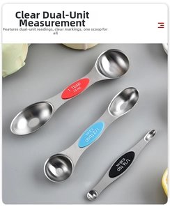 Macro view of double-ended stainless steel measuring spoons with colorful silicone handles