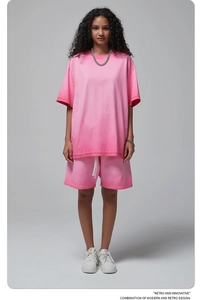 Pink oversized cotton T-shirt and drawstring shorts set with a soft knitted texture
