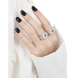 S925 sterling silver multi-layer wavy open ring with green and purple gemstones