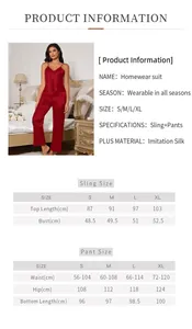 Size chart detail for ice silk homewear set including sling top and long pants dimensions