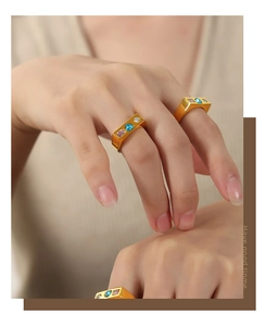 Gold plated titanium rings set featuring colorful rectangular gemstones on a model's hand