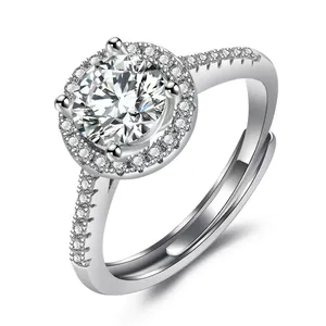 Sparkling silver adjustable ring with round halo moissanite stone and side diamonds