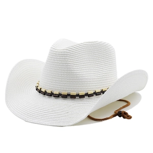 Chapeau de paille blanc classique avec bande perlée et mentonnière ajustable