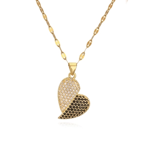 Elegant 18K gold plated heart necklace with black and white zircon micro-pave pendant
