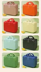 Collage of 14-inch mini suitcase cosmetic cases in 8 vibrant colors with sleek vertical stripes