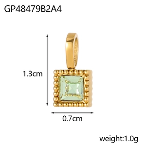 Detail showing 18K gold-plated square pendant with green zircon and beaded texture
